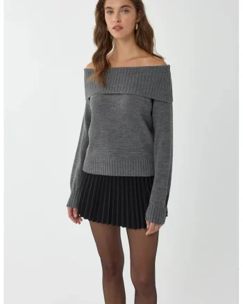 Pulover tricotat,  umeri goi, acril/tricot, gri