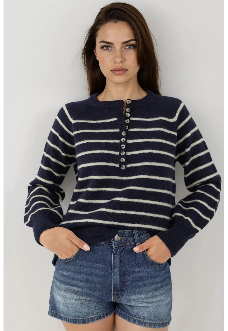 Pulover dama  cu guler cu nasturi, model cu dungi, tricot, Albastru de miezul noptii,
