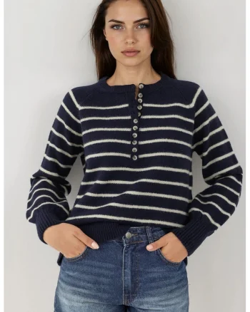Pulover dama  cu guler cu nasturi, model cu dungi, tricot, Albastru de miezul noptii,