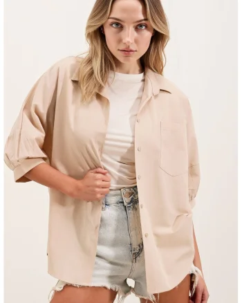 Camasi dama, HiCCUP, camasa din poplin, croiala lejera, crem, bumbac
