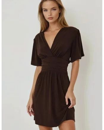 Rochie mini,  decolteu in V, maro, jerseu, Maro