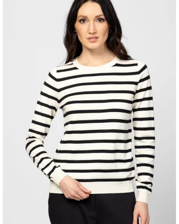 Pulover cu decolteu rotund si model in dungi, Alb fildes/Negru