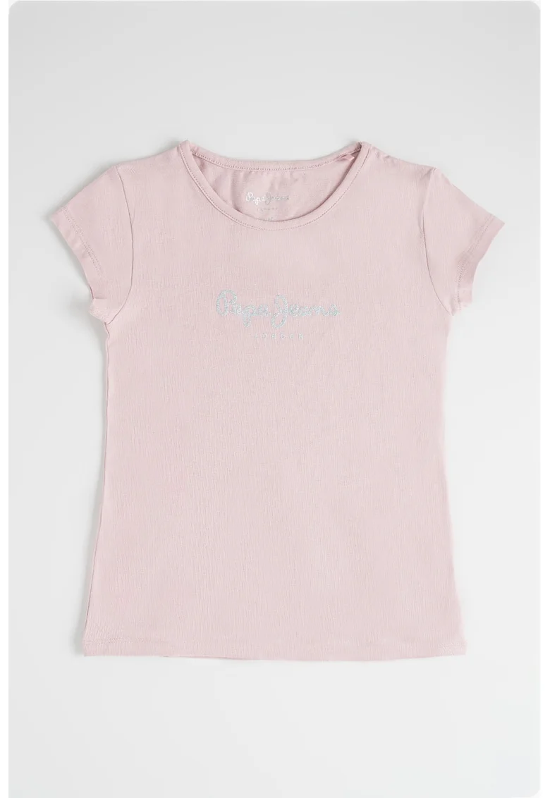 Tricou cu decolteu la baza gatului si logo stralucitor, Roz prafuit