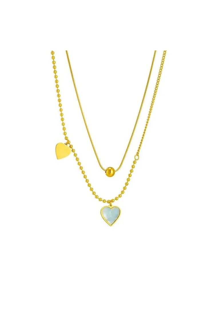 Colier auriu, din otel inoxidabil, suflat cu aur 18k, in 2 straturi, cu inimioare, Effie C1