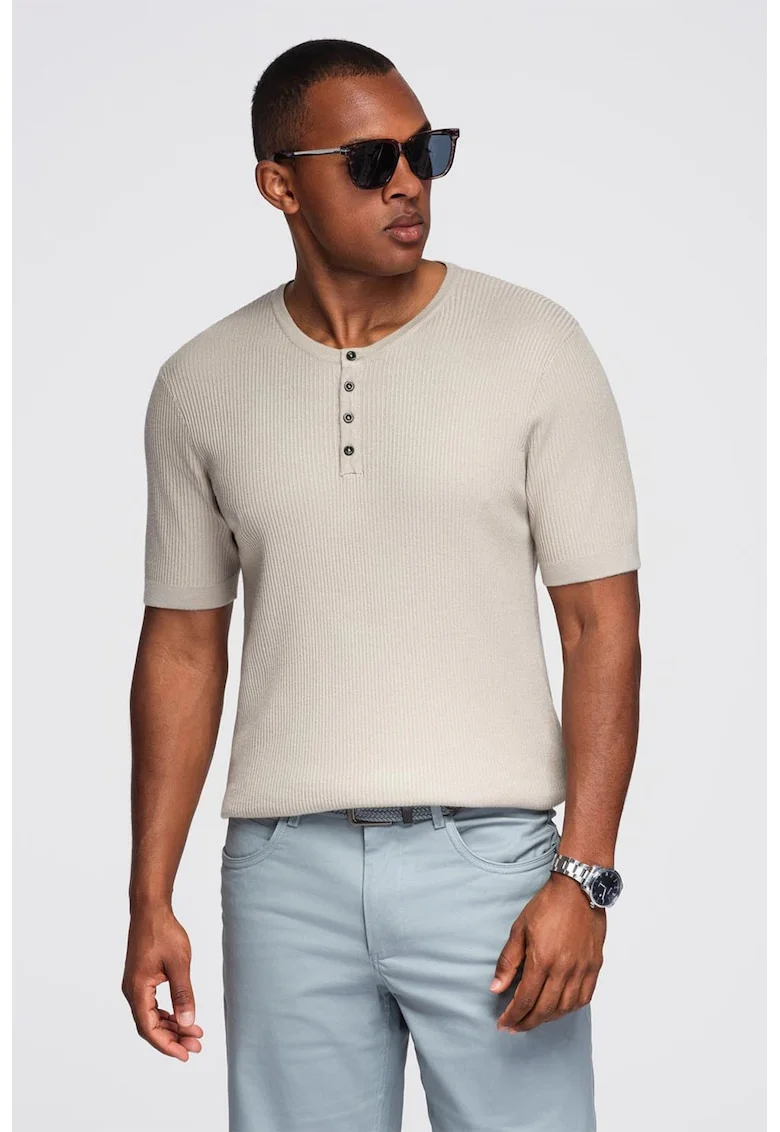 Tricou slim fit cu striatii si decolteu henley, Gri deschis