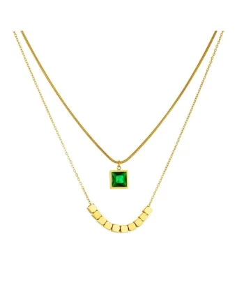 Colier auriu, din otel inoxidabil, suflat cu aur 18k, in 2 straturi, cu piatra verde, Eimar C2