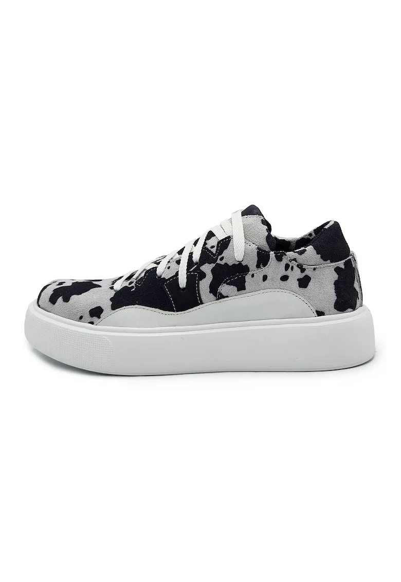 Pantofi sport flatform din piele intoarsa cu animal print, Negru stins/Alb optic