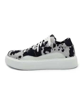 Pantofi sport flatform din piele intoarsa cu animal print, Negru stins/Alb optic