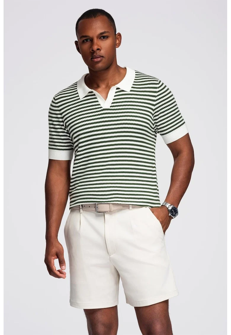 Tricou polo cu dungi, Alb/Verde feriga