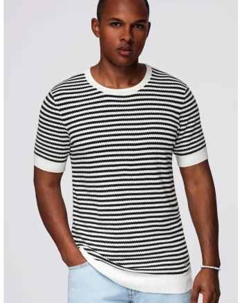 Tricou tricotat cu decolteu la baza gatului, Alb/Negru