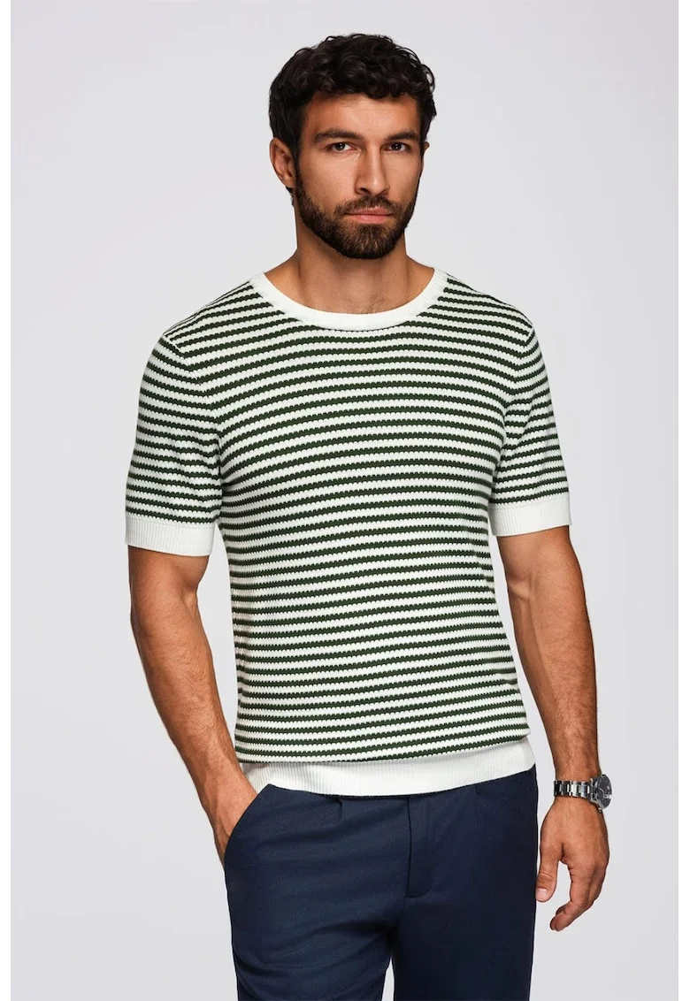 Tricou tricotat cu decolteu la baza gatului, Alb/Verde englez