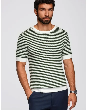 Tricou tricotat cu decolteu la baza gatului, Alb/Verde englez