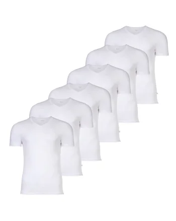 Set de tricouri din amestec de bumbac cu decolteu in V - 6 piese, Alb