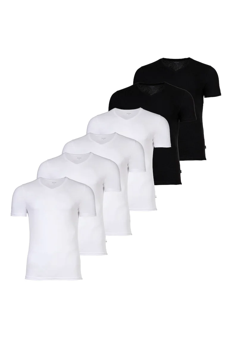 Set de tricouri din amestec de bumbac cu decolteu in V - 6 piese, Alb/Negru
