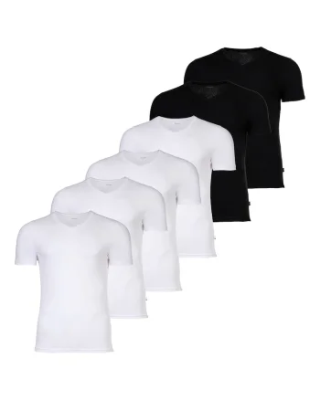 Set de tricouri din amestec de bumbac cu decolteu in V - 6 piese, Alb/Negru