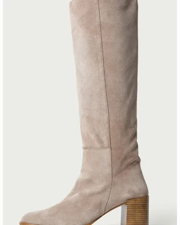 Cizme de piele lungi pana la genunchi din piele intoarsa, Maro taupe deschis