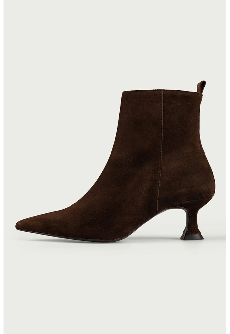 Botine din piele intoarsa cu toc kitten, Maro inchis