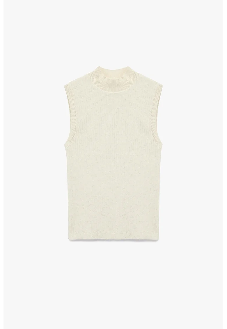Bluza striata fara maneci cu guler scurt, Alb murdar