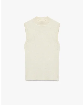 Bluza striata fara maneci cu guler scurt, Alb murdar