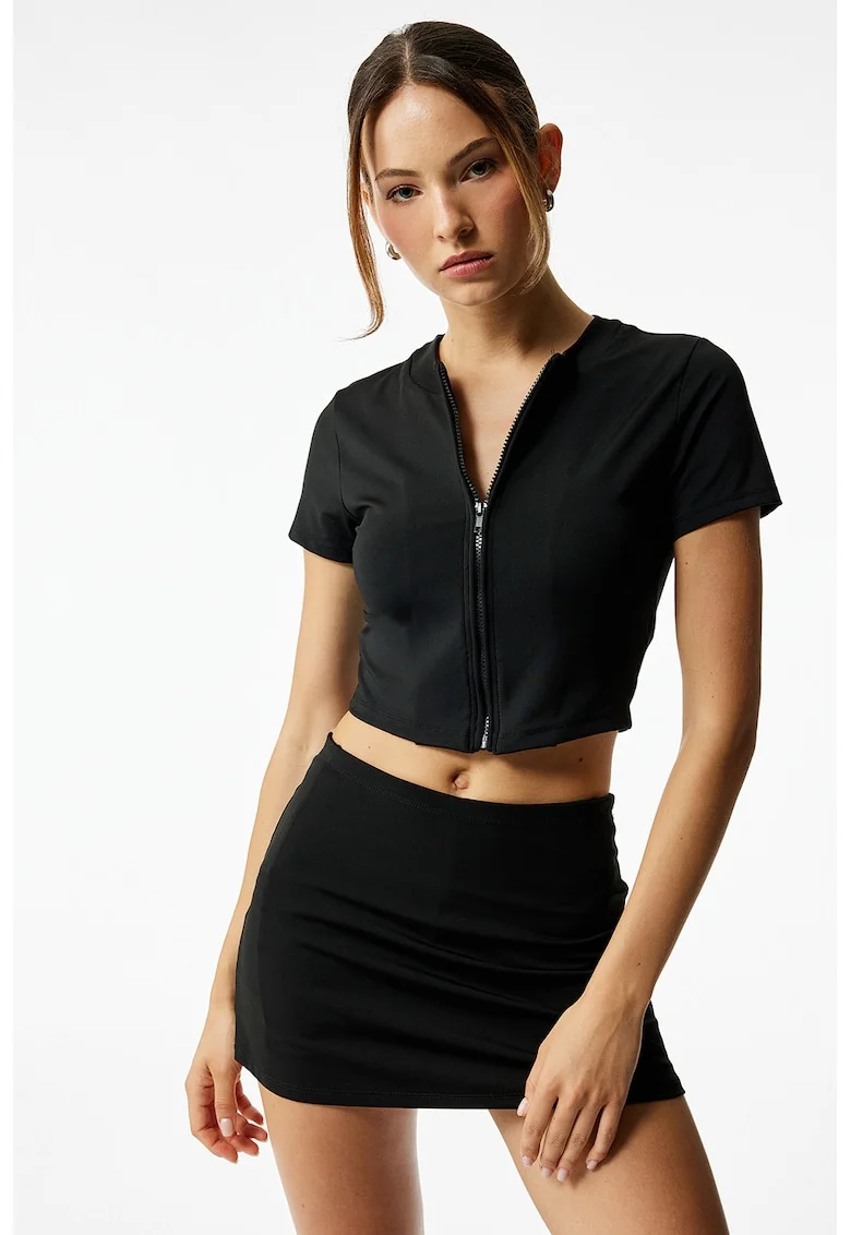 Tricou crop cu fermoar, Negru