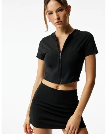 Tricou crop cu fermoar, Negru