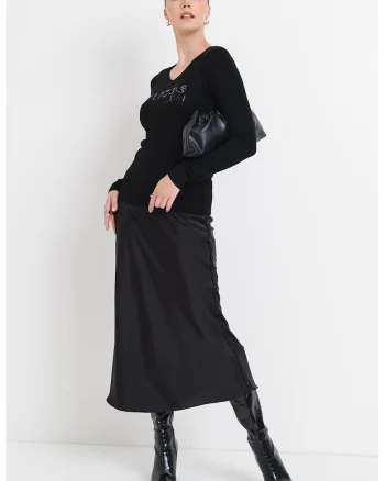 Pulover cu broderie logo si strasuri, Negru