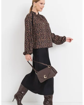 Bluza vaporoasa cu maneci bufante, Negru/Maro/Kaki