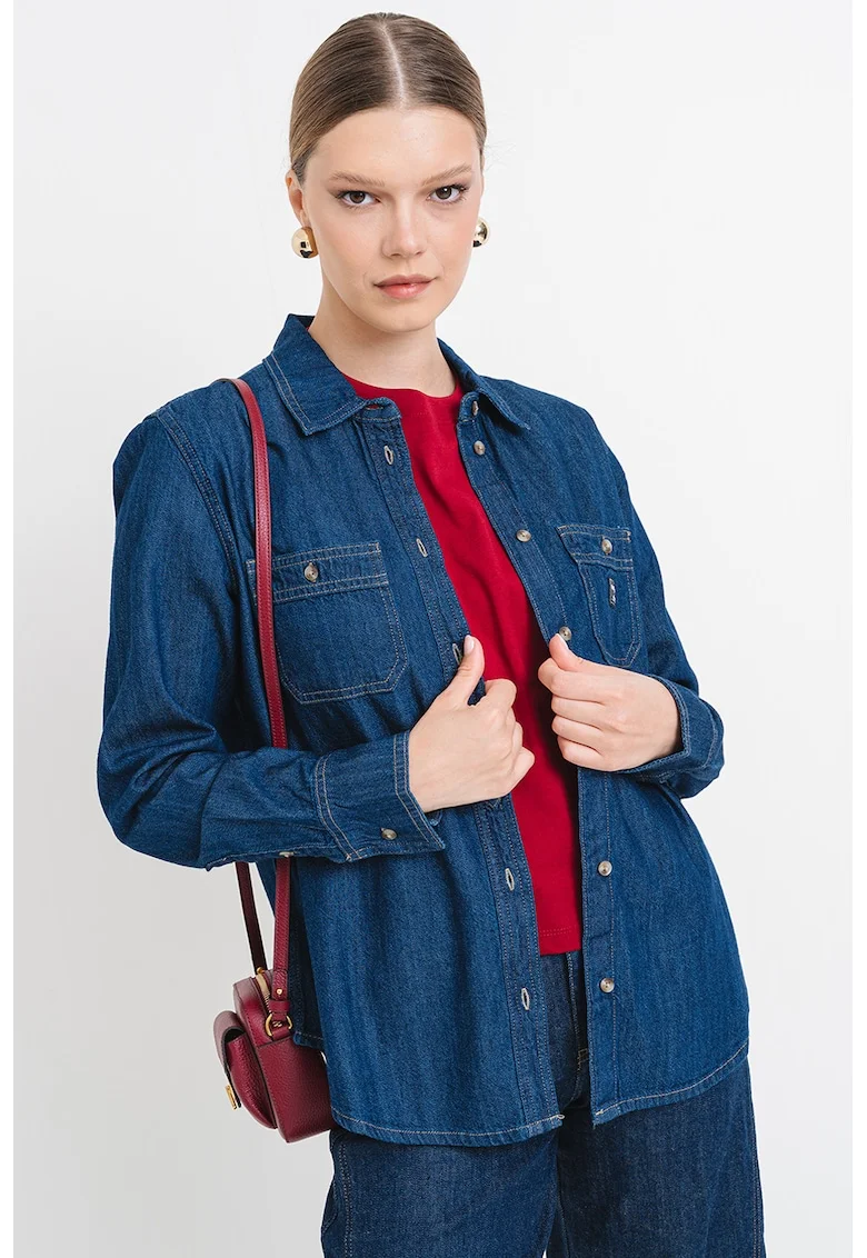 Camasa din denim cu buzunare pe piept, Albastru inchis