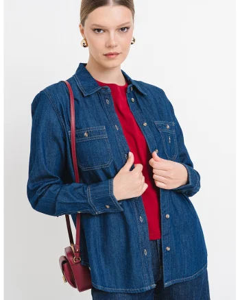 Camasa din denim cu buzunare pe piept, Albastru inchis