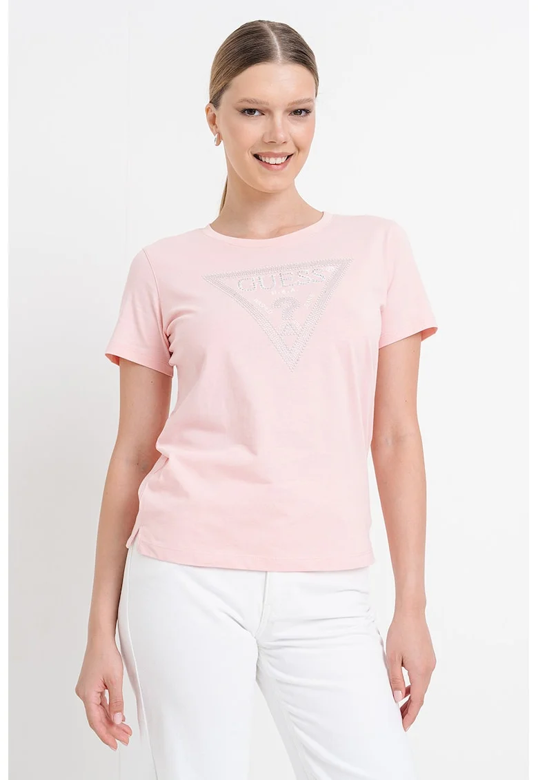 Tricou cu decolteu rotund si logo cu strasuri, Alb/Roz pastel/Argintiu