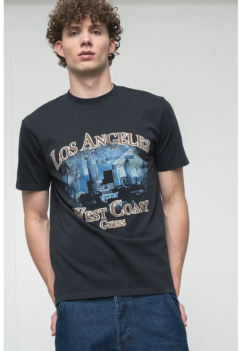 Tricou cu decolteu la baza gatului si imprimeu, Negru/Maro deschis/Albastru