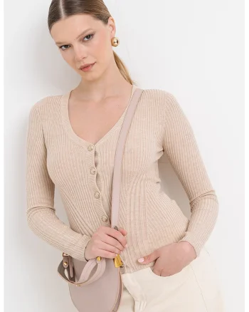Cardigan cambrat din amestec de casmir si matase, Bej deschis