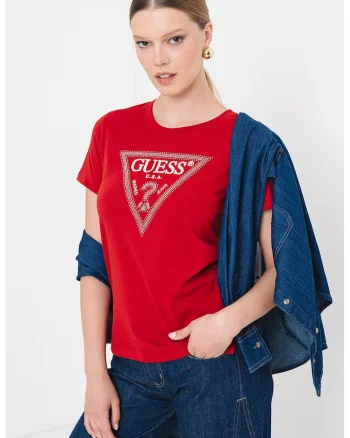 Tricou cu decolteu rotund si logo cu strasuri, Rosu inchis/Argintiu