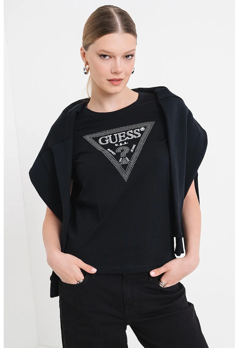 Tricou cu decolteu rotund si logo cu strasuri, Alb/Negru