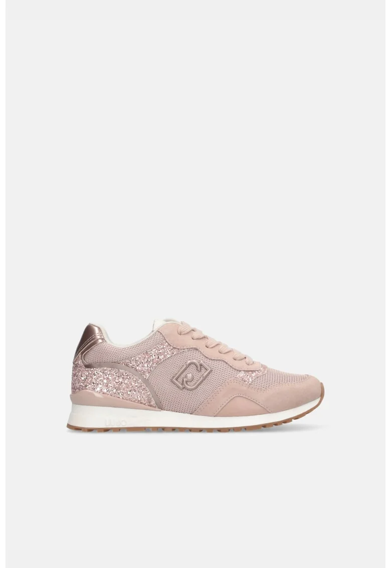 Pantofi sport de piele intoarsa si material textil cu detalii cu aspect stralucitor, Roz
