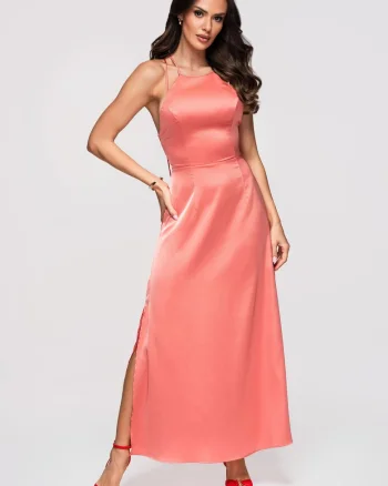 Rochie maxi cu decolteu halter si material satinat, Roz piersica