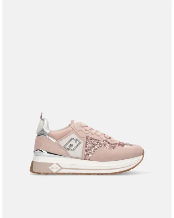 Pantofi sport de piele intoarsa cu aplicatii de paiete, Roz