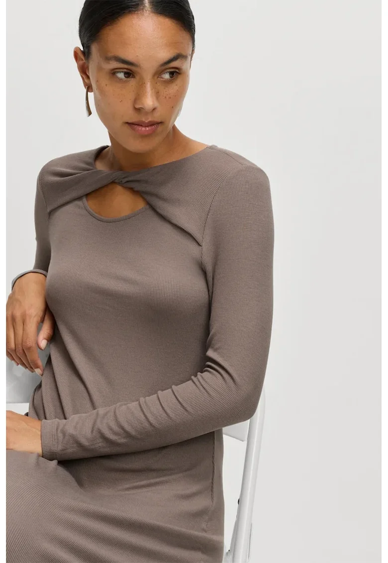 Rochie midi striata cu maneci lungi si decolteu rasucit, Maro taupe