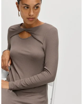 Rochie midi striata cu maneci lungi si decolteu rasucit, Maro taupe