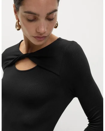 Rochie midi striata cu maneci lungi si decolteu rasucit, Negru