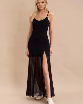 Rochie dama maxi Chocolate, fusta din tul evazat, slit inalt pe coapsa, Negru