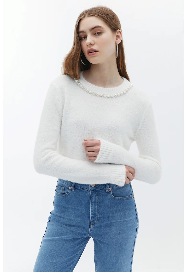 Pulover crop cu perle sintetice, Alb murdar