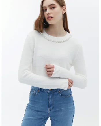 Pulover crop cu perle sintetice, Alb murdar