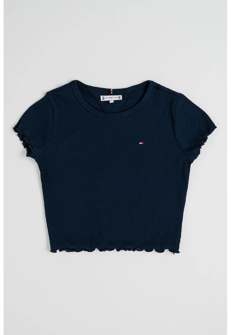 Tricou crop slim fit cu terminatii valurite, Albastru ultramarin