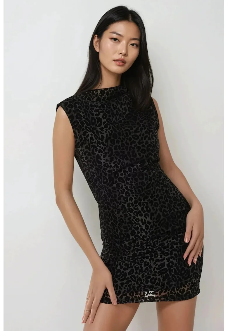 Rochie mini,  mulata, imprimeu leopard, negru, textil
