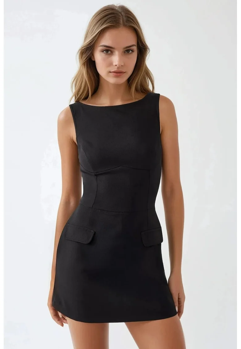 Rochie mini mulata cu pantaloni scurti,  negru, material textil