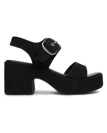 Sandale dama  negru, material textil, toc stabil cu platforma, inchidere cu catarama