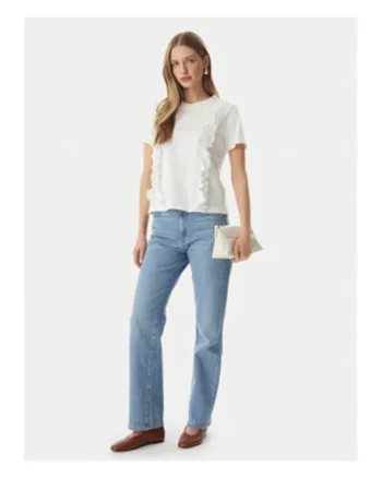 Bluza dama,  alb, bumbac-modal, maneci scurte, volane