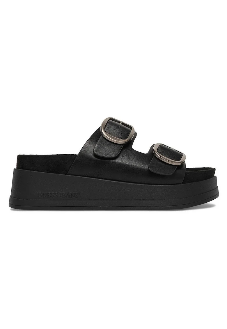 Papuci  piele ecologică, interior textil, Negru