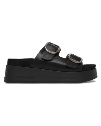 Papuci  piele ecologică, interior textil, Negru